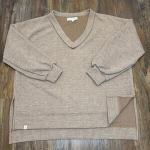 Simply Southern split V-neck top MEDIUM (fits oversize) brown long sleeve blouse